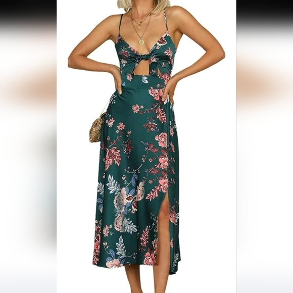 NWOT- Floral Blue Midi Dress With Front Cut Out- Small - Picture 1 of 2